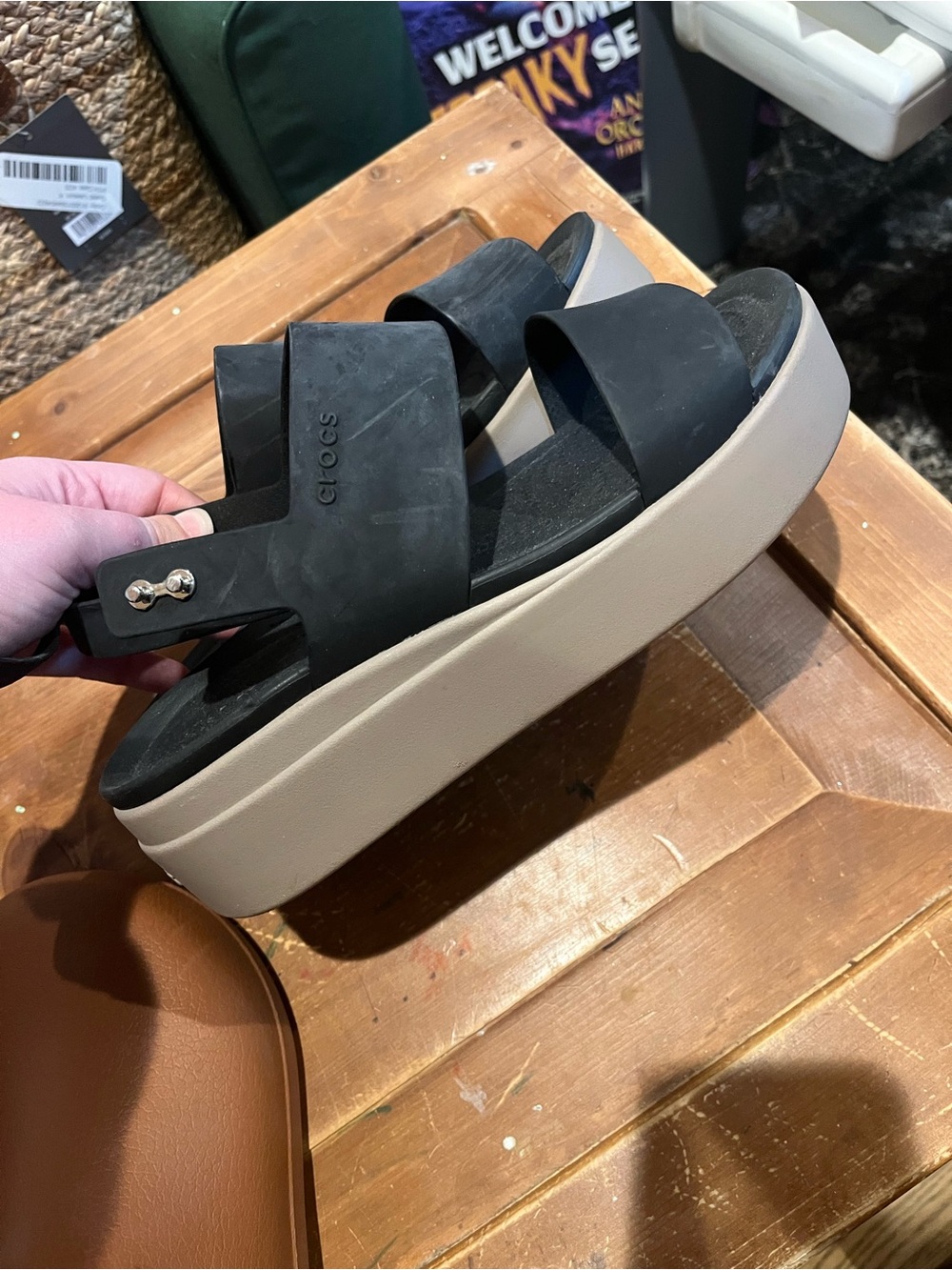 CROCS Black Platform Slide Sandal with Cream Platform